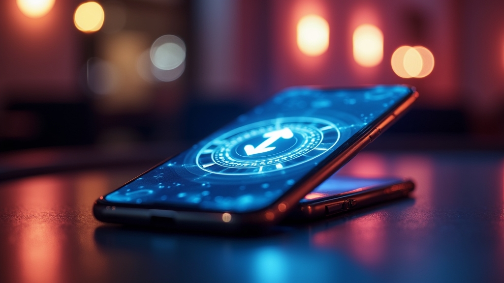 Telefon z ekranem pobierania aplikacji Deloro Casino na tle kasynowego stołu