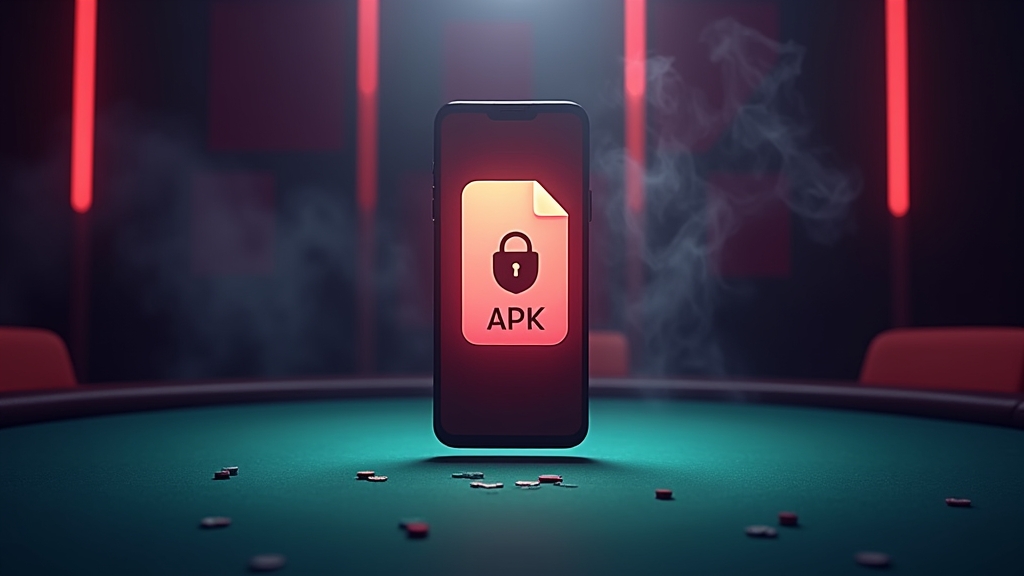 Telefon z plikiem APK i komunikatem bezpieczeństwa na tle kasyna